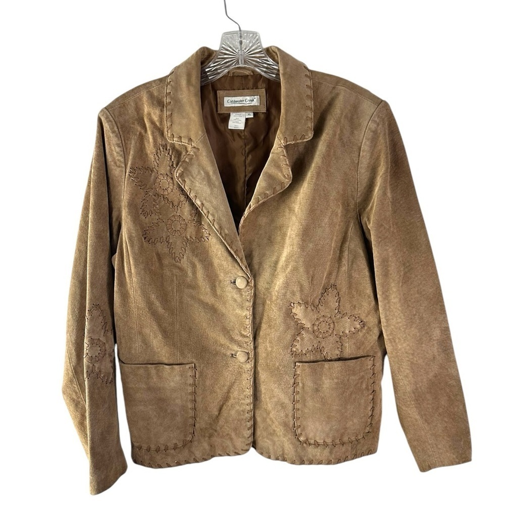 Coldwater Creek Suede Tan Genuine Leather Whipped Stitch Floral Jacket Size XL